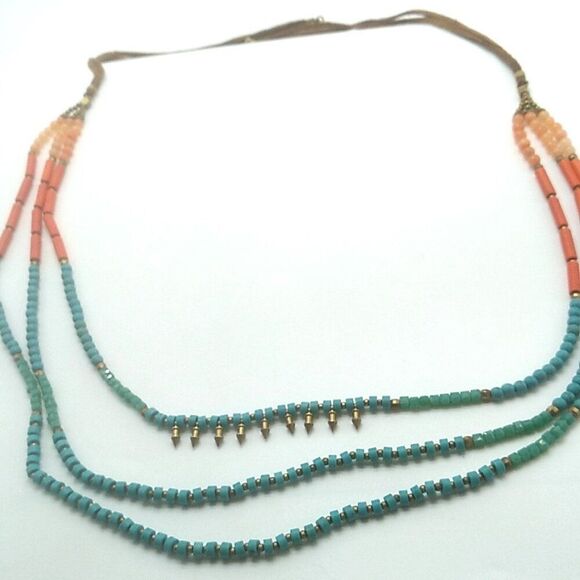 3 Strand Beaded Necklace Silver-tone Round Spacers & Spikes on 2 Leather Cords - Picture 2 of 16